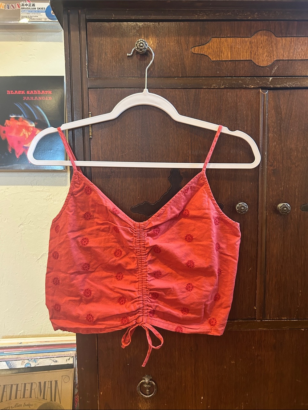 American Eagle Outfitters Coral Red Ruched Drawstring Cami Crop Top